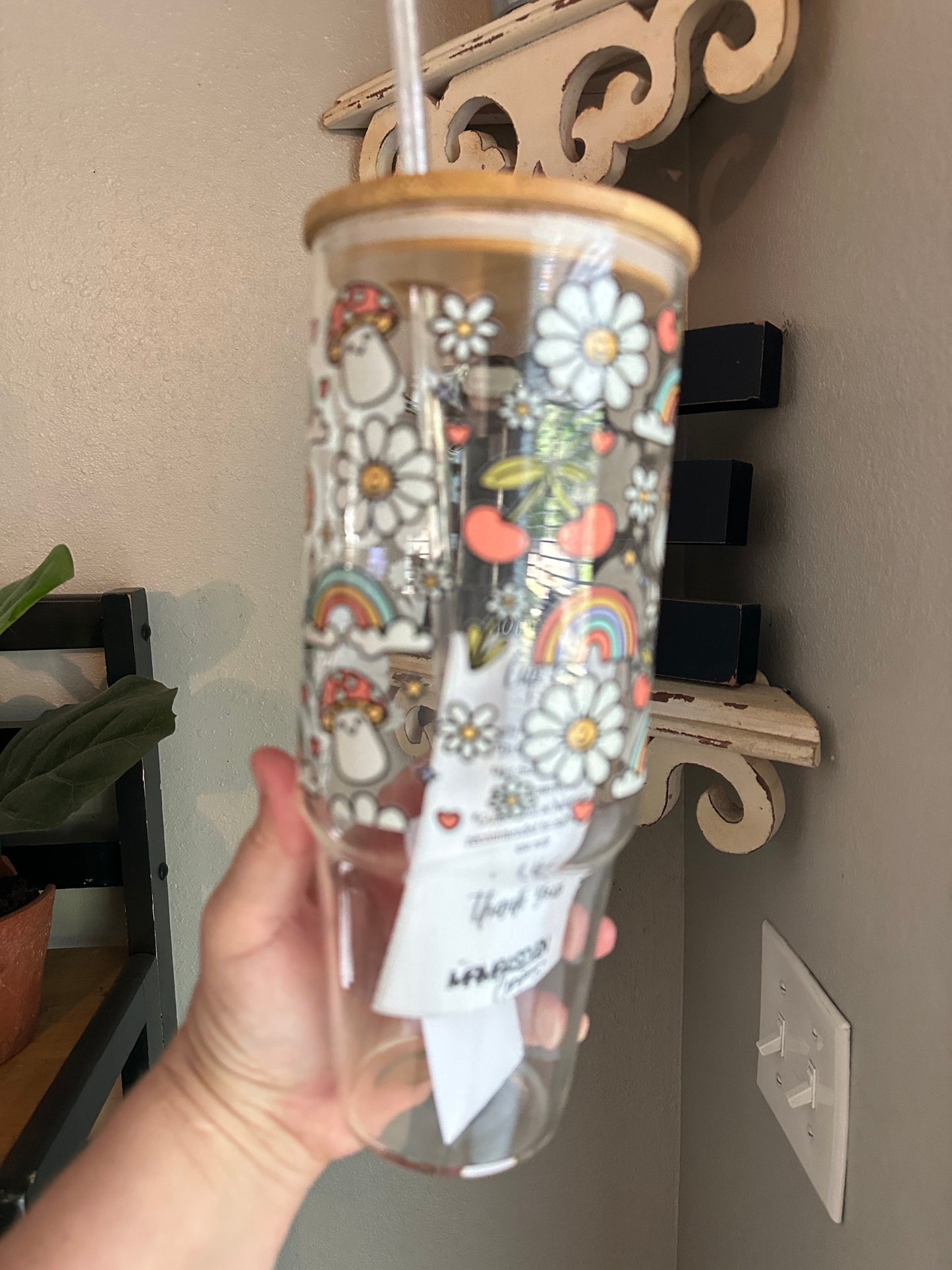 40oz Glass Tumbler, 40oz Glass with handle, mushrooms & Daisy glass tumbler with handle , Coffee Glass, Viral Glass Tumbler with handle,