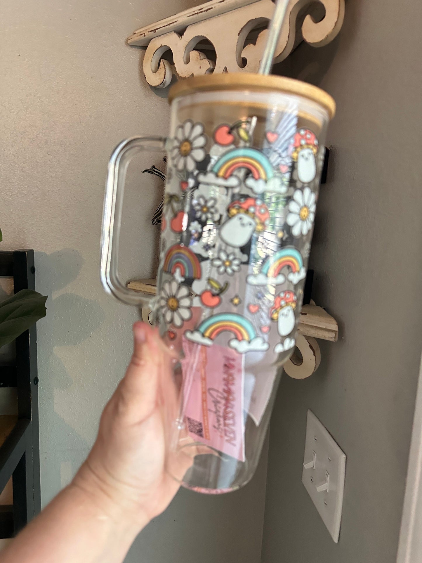 40oz Glass Tumbler, 40oz Glass with handle, mushrooms & Daisy glass tumbler with handle , Coffee Glass, Viral Glass Tumbler with handle,