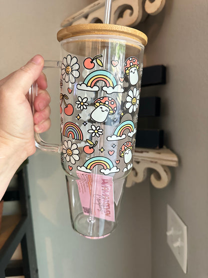 40oz Glass Tumbler, 40oz Glass with handle, mushrooms & Daisy glass tumbler with handle , Coffee Glass, Viral Glass Tumbler with handle,