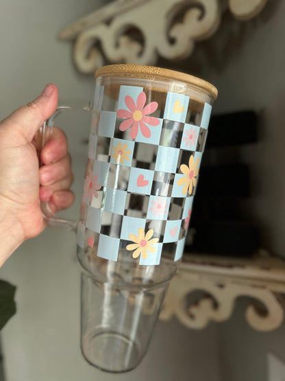 40oz Glass Tumbler, 40oz Glass with handle, Retro Checkered daisy Glass Tumbler , Coffee Glass, Viral Coffee Glass, Retro Tumbler
