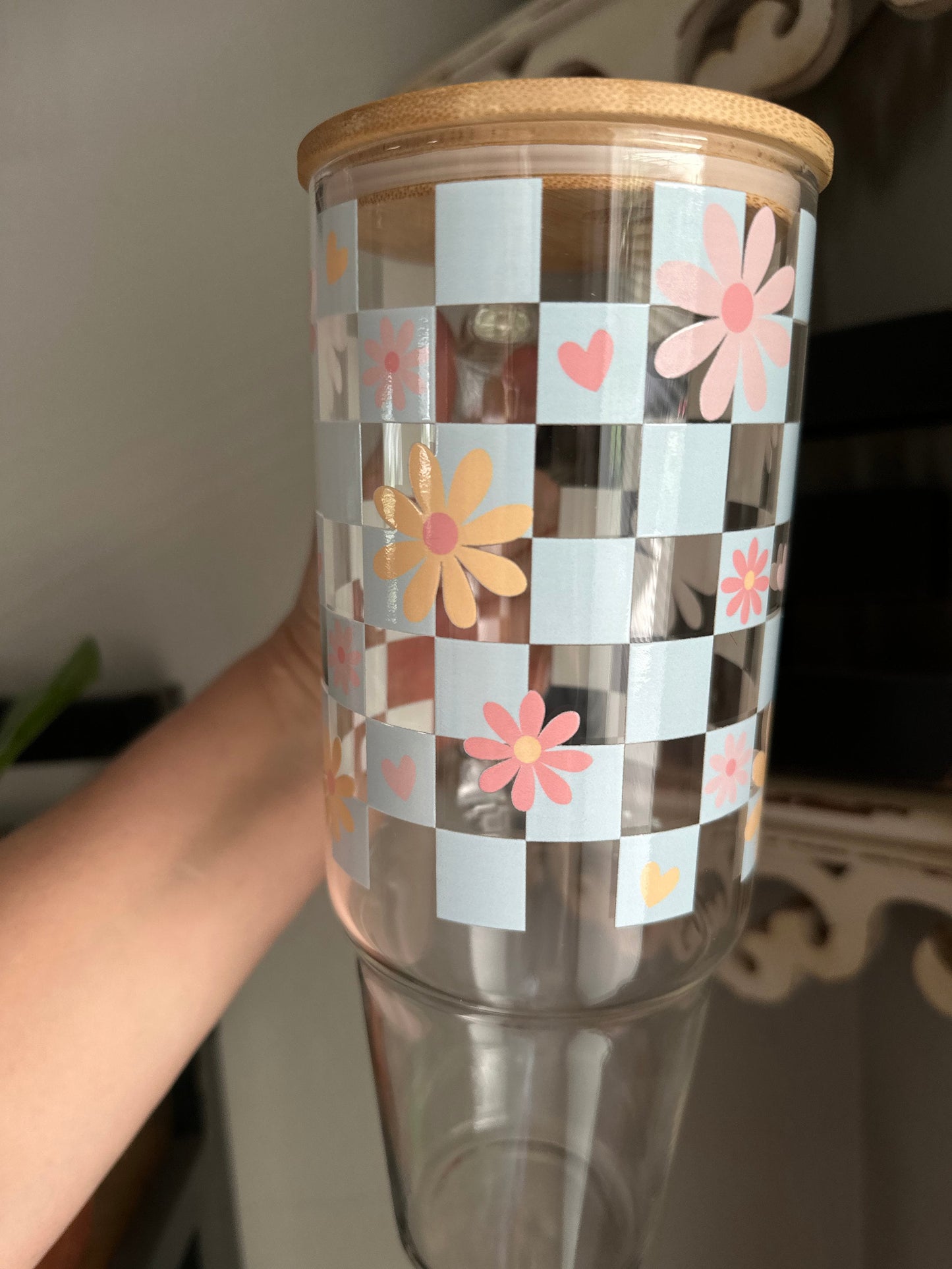 40oz Glass Tumbler, 40oz Glass with handle, Retro Checkered daisy Glass Tumbler , Coffee Glass, Viral Coffee Glass, Retro Tumbler