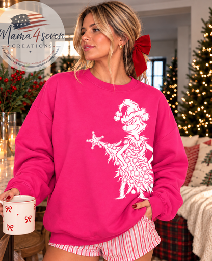 Grinchmas Merry Christmas Sweatshirt | Pink Front & Back Holiday Crewneck, front view
