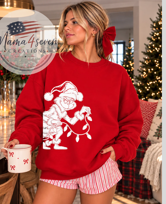 Christmas Cheermeister Holiday Sweatshirt | Grinch Christmas Lights | Red, front view