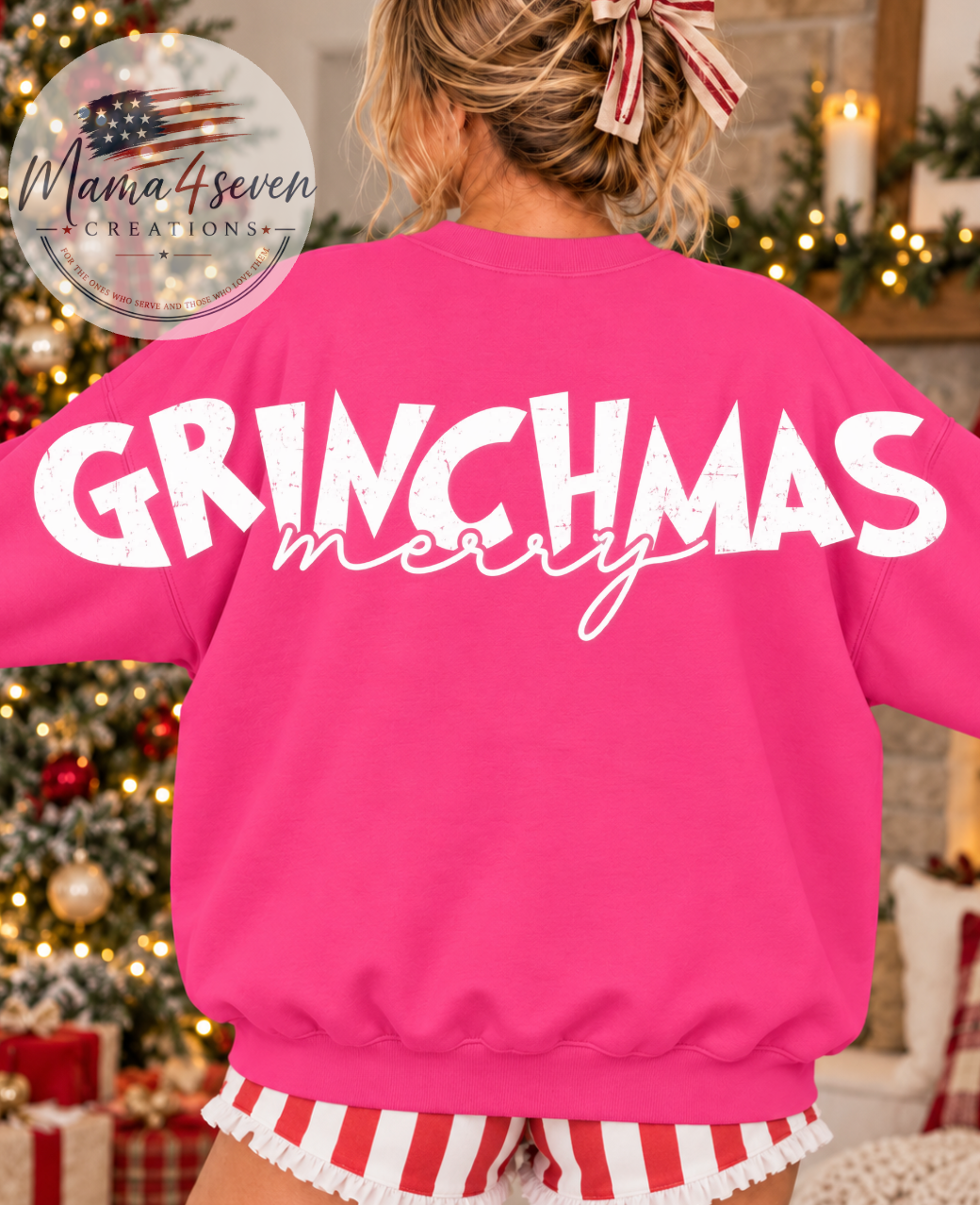 Grinchmas Merry Christmas Sweatshirt | Pink Front & Back Holiday Crewneck, back or alternate view