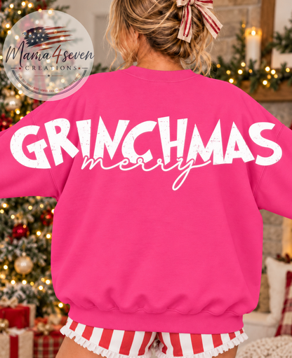 Grinchmas Merry Christmas Sweatshirt | Pink Front & Back Holiday Crewneck, back or alternate view