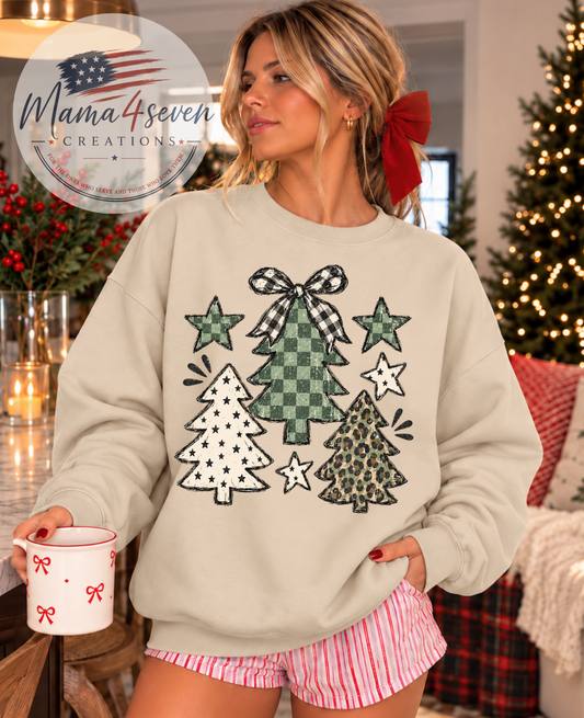 Coquette Christmas Trees Sweatshirt | Plaid Leopard & Stars | Cream, front view
