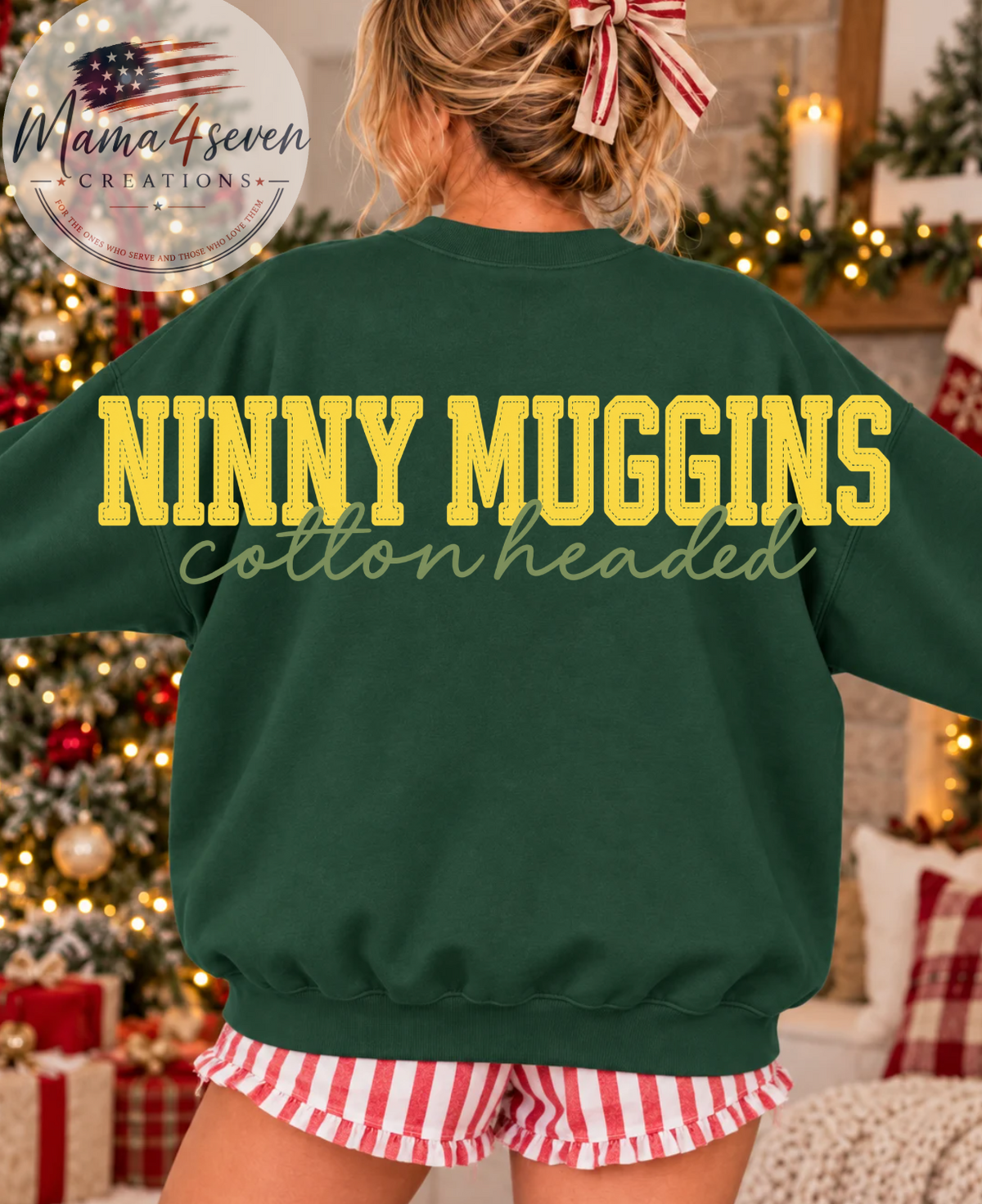 Cotton Headed Ninny Muggins Christmas Sweatshirt | Elf Front & Back | Green, back or alternate view