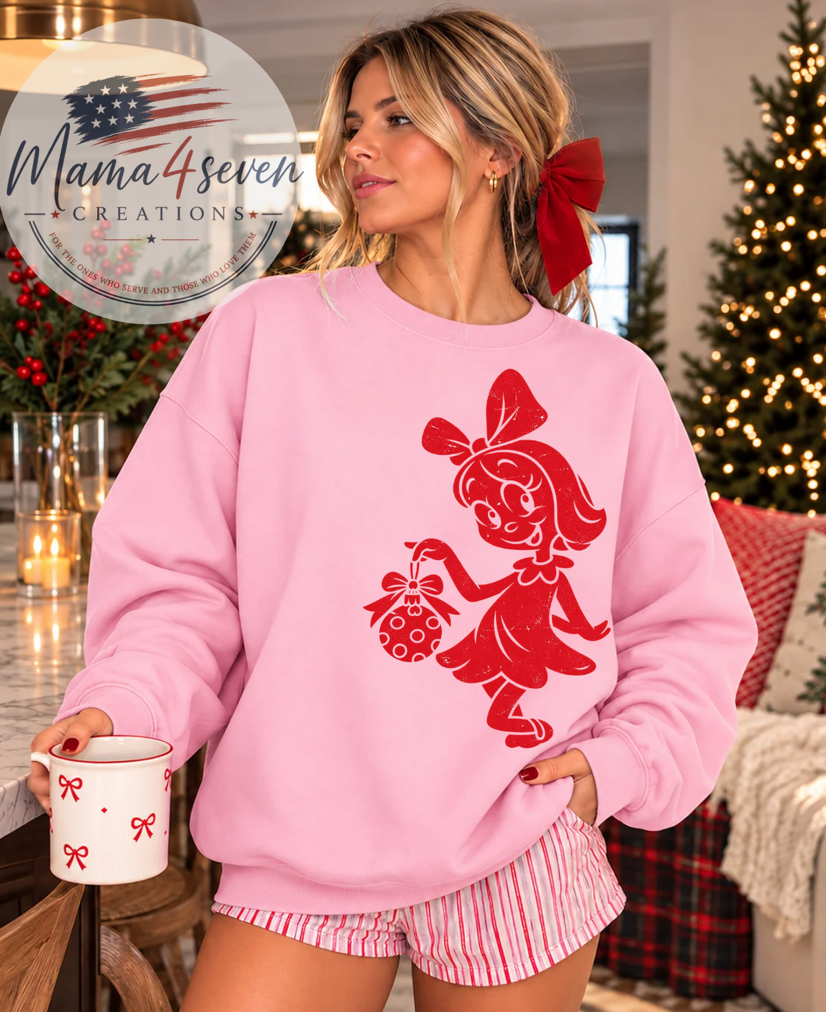 Sweetheart Holiday Christmas Sweatshirt | Retro Christmas Girl | Pink, front view