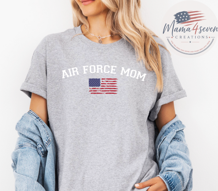 Gray Air Force Mom shirt with American flag