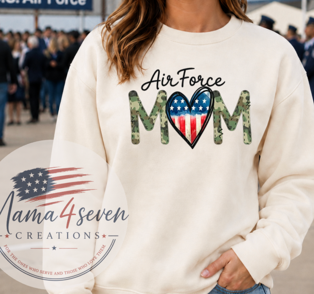 Air Force Mom cream sweatshirt with camouflage lettering and American flag heart