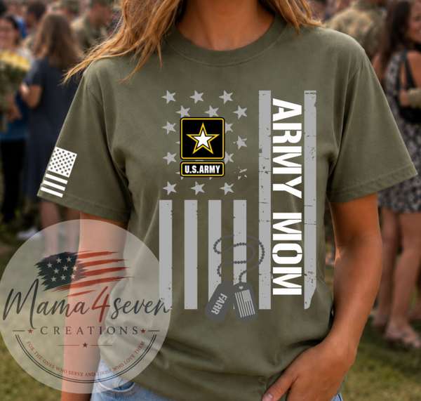 Army Mom military green shirt with flag design and personalized dog tags