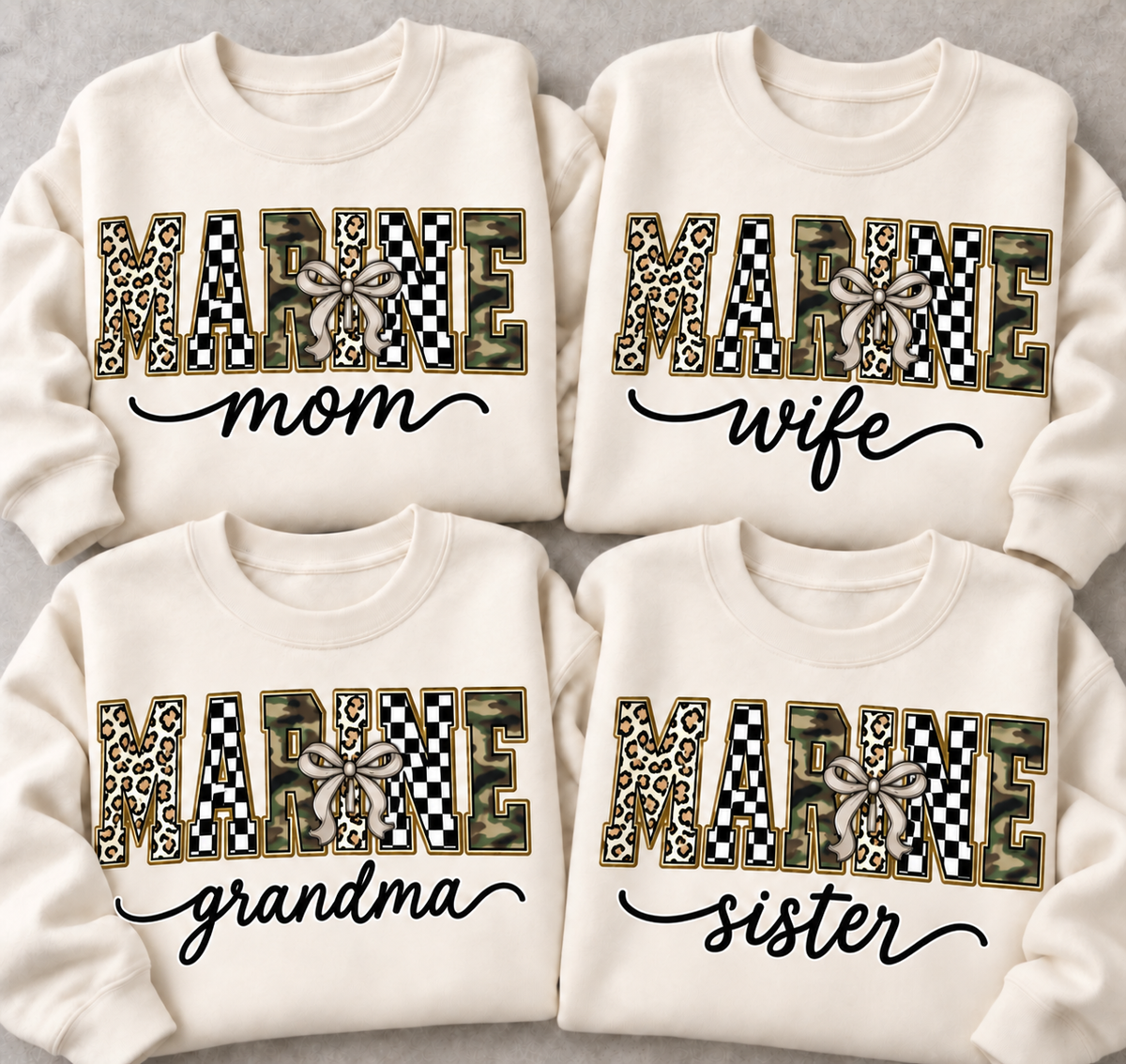 MARINE family sweatshirts with camo, checkerboard and leopard varsity lettering and custom family wording