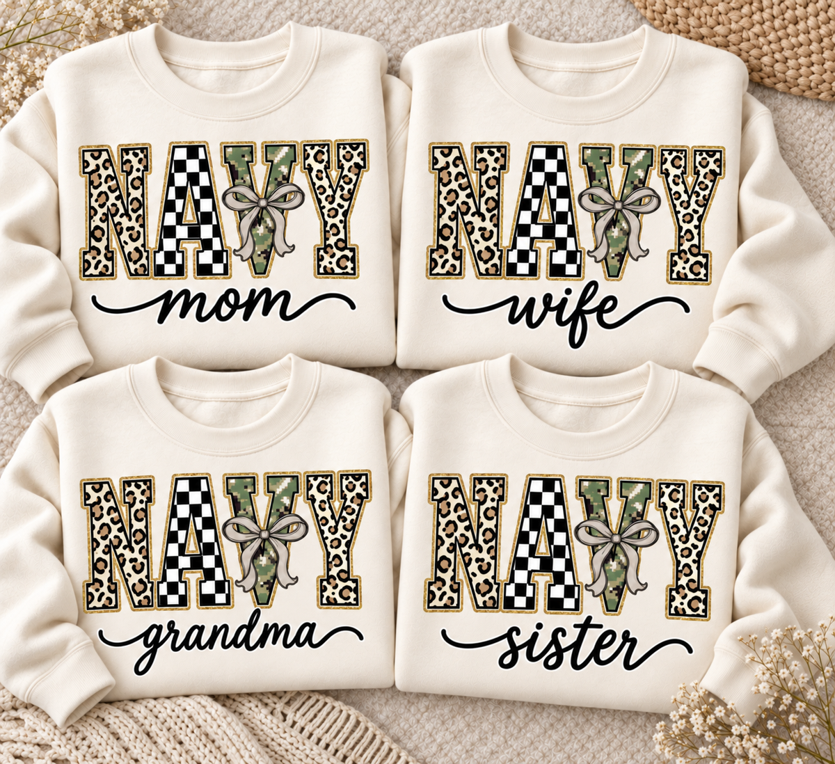 Custom Navy Family apparel shown as four cream sweatshirt flatlays with personalized wording and leopard checkerboard camouflage varsity letters