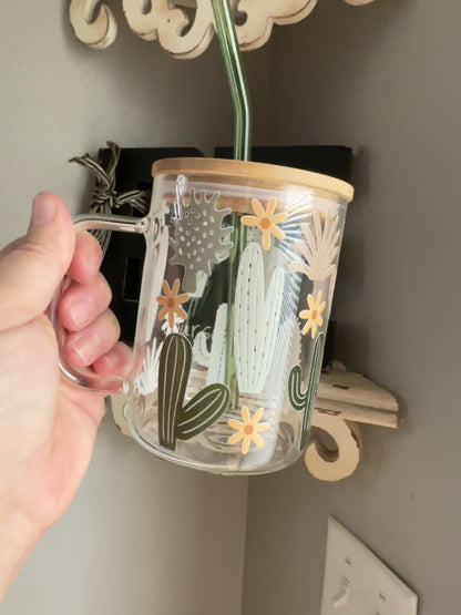 17oz Clear Glass Coffee Mug With Bamboo Lid and Straw, cactus mug coffee Glass, Trendy coffee glass mug