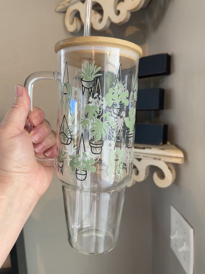 40oz Glass Tumbler with Bamboo Lid and Your Choice of Glass Or Plastic Straw, 40oz Custom Glass Tumbler with Plants for your favorite plant lover