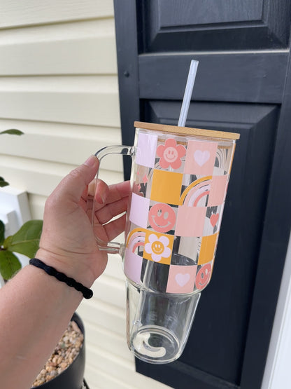 40oz Glass Tumbler with Bamboo Lid and straw,Retro Checkered Smiley Rainbow glass tumbler with handle, 40oz Custom Glass Tumbler , Retro checkered 40oz tumbeler