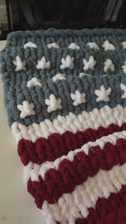 American Flag Hand Knit blanket for all military families. Navy, Army, Air Force, Marines.