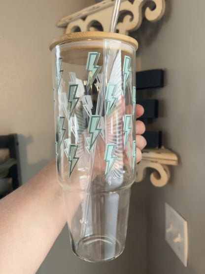40oz Glass Tumbler with Lightning Bolts, Bamboo Lid and Your Choice of Glass Or Plastic Straw, 40oz Custom Glass Tumbler